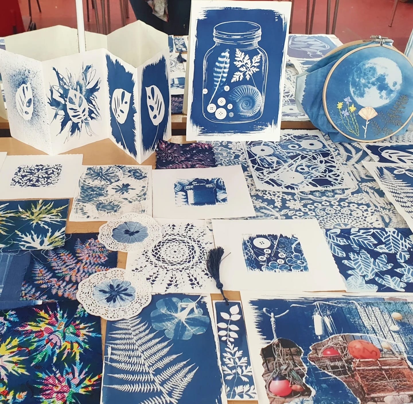Cyanotype display with embroidery hoop