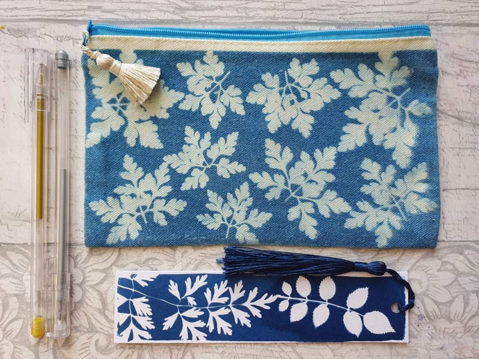 Cyanotype pencil case and bookmark gift set