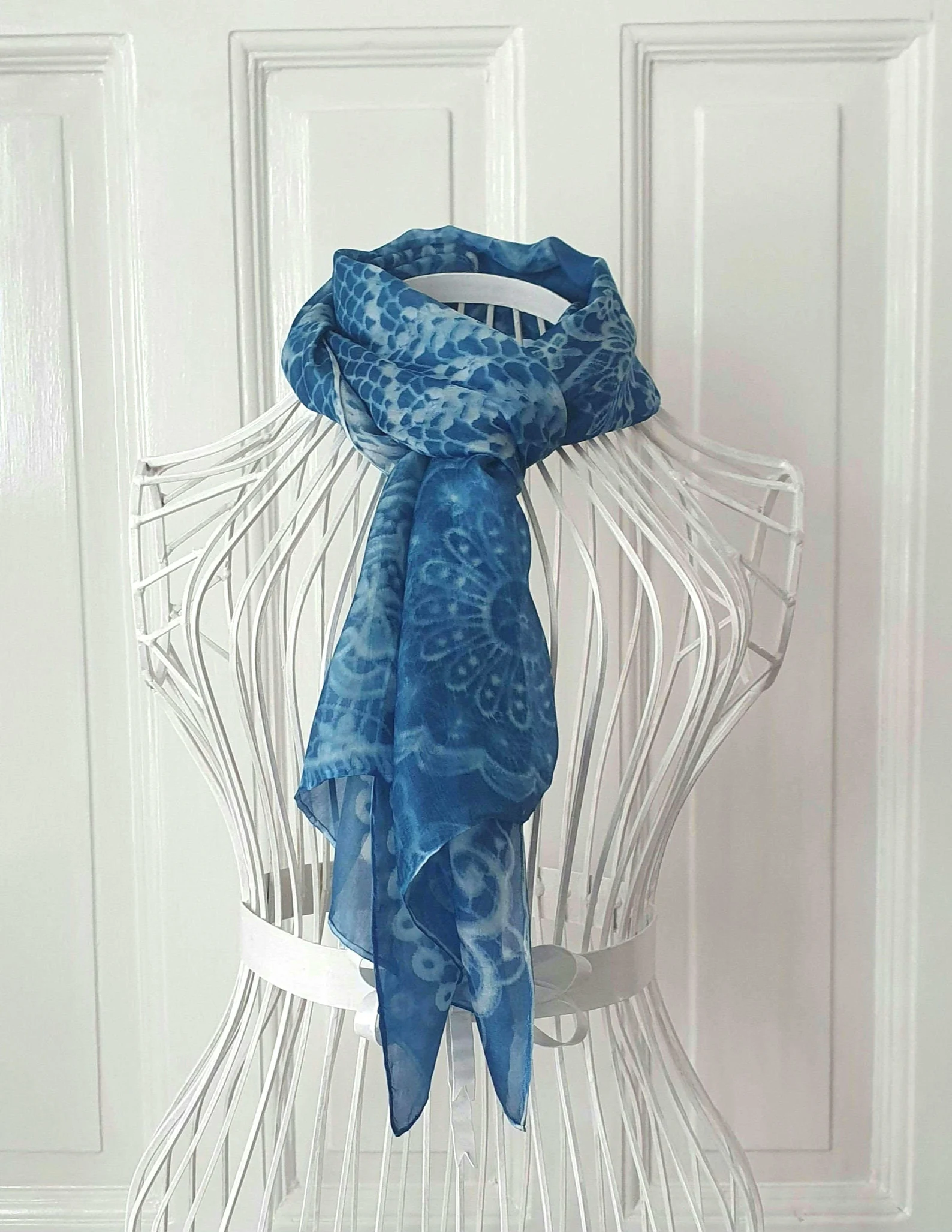 Cyanotype silk scarf on mannequin
